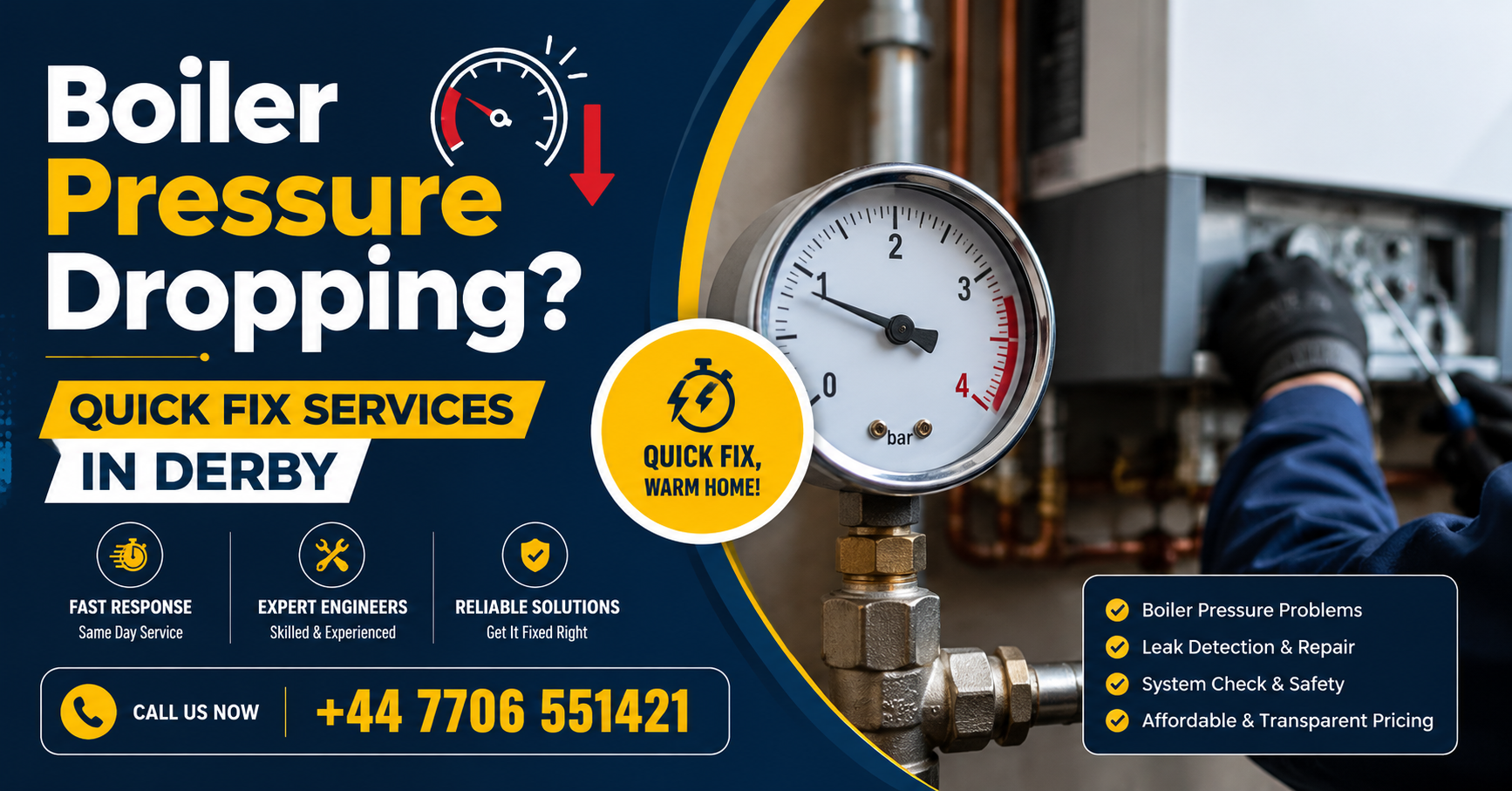Boiler Pressure Dropping Quick Fix Services in Derby